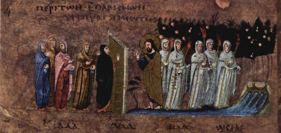 Притча о десяти девах. VI в. Миниатюра Евангелия из Россано. Музей в Россано, Италия