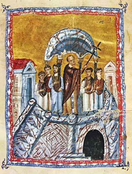 Воздвижение Честного и Животворящего Креста Господня. Византийская миниатюра 12 века.