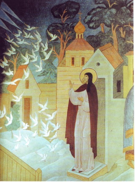 Господь показал преподобному Сергию в видении птиц множество его учеников. Роспись Серапионовой палаты