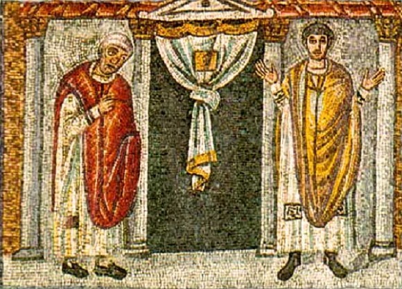 Притча о мытаре и фарисее. Мозаика Равенны (Италия).