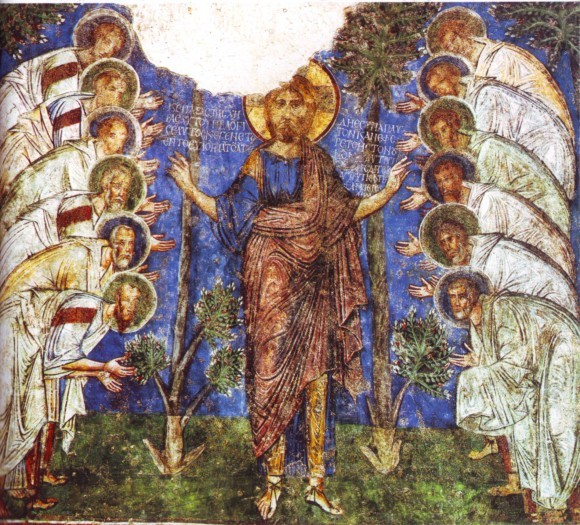 Иисус Христос и 12 апостолов (фреска XII века, Каппадокия)