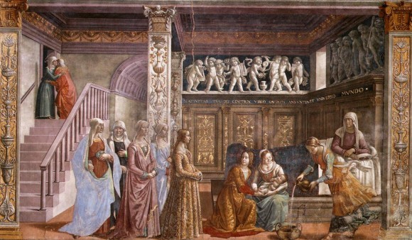 Доменико Гирландайо. Рождество Девы Марии.Фреска в церкви Санта Мария Новелла.1485—1490 гг.. Флоренция, Италия