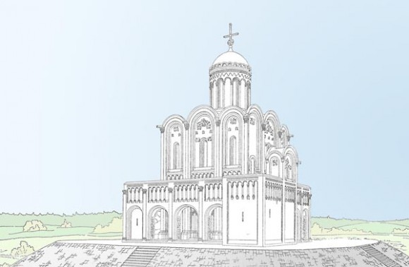 Храм Покрова на Нерли, реконструкция первоначального вида по Н.Н.Воронину