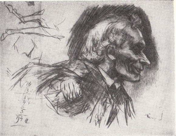 Такой портрет Суворова создал Суриков во время работы над полотном "Переход Суворова через Альпы"