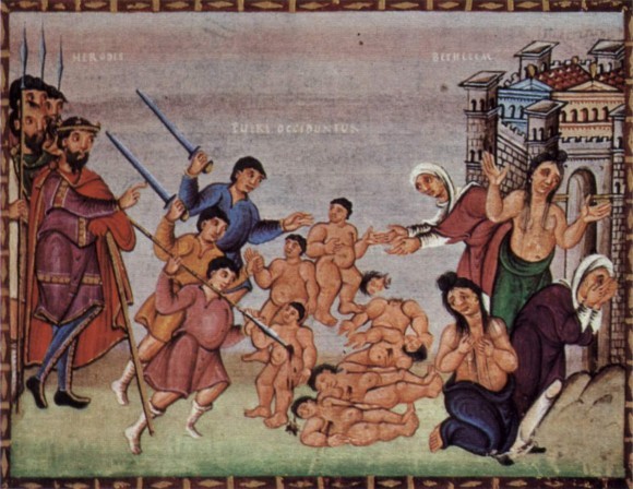 Святые мученики 14000 младенцев от Ирода в Вифлееме избиенные. Кодекс Гертруды, кон. X в. Чивидале, Италия