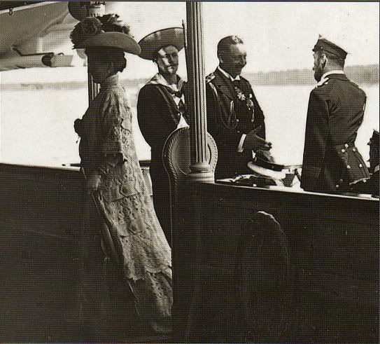 Kaiser Wilhelm II greeting his cousins Tsar Nicholas II and his wife Alexandra Feodorovna