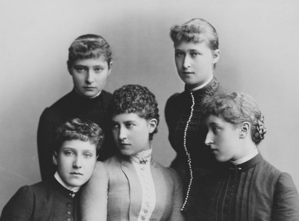Princesses Marie Louise of Schleswig-Holstein, Alix of Hesse, Charlotte(Princess Bernhard of Saxe Meiningen), Irene of Hesse and Helena Victoria of Schleswig-Holstein. c. 1885. The Royal Collection.
