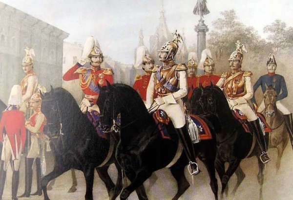 Император Николай I и цесаревич Александр Николаевич среди офицеров лейб-гвардии Конного полка