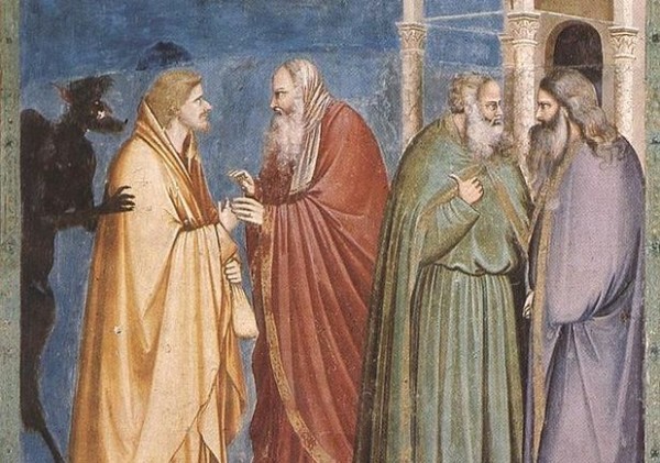 Иуда получает плату за предательство (Джотто, капелла Скровеньи, 1304—1306)