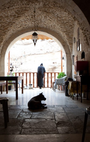 На террасе архондарика устроены столы с чаем и угощениями для паломников