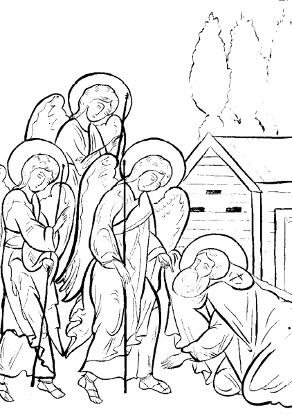 Явление Святой Троицы преподобному Александру Свирскому. Прорись иконы XVII в. (фрагмент) Явление Святой Троицы преподобному Александру Свирскому. Прорись иконы XVII в. (фрагмент)