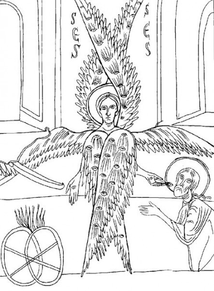 Очищение уст пророка Исайи. Фрагмент алтарной росписи церкви Санта Мария в Ане в Каталонии. Конец XI в. (Ныне в Барселонском музее).