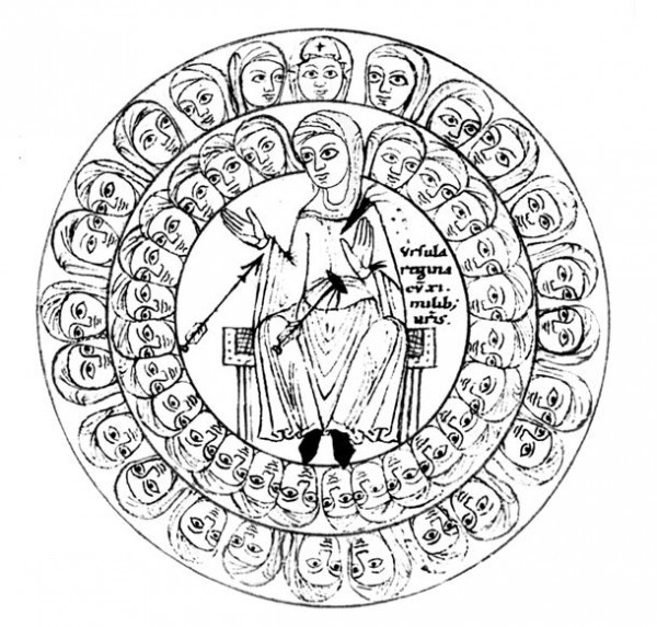 Святая Урсула с ученицами. Гравюра из рукописного календаря (сер. XII в.).  Штутгарт, библиотека земли Вюртемберг, Cod. 45