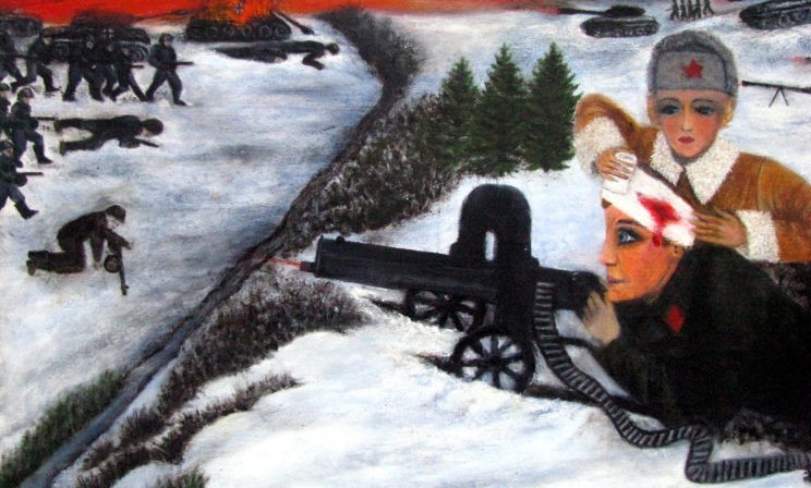 «Солдат строчит из пулемета, а медсестра перевязывает ему голову». Тема войны в наивном искусстве
