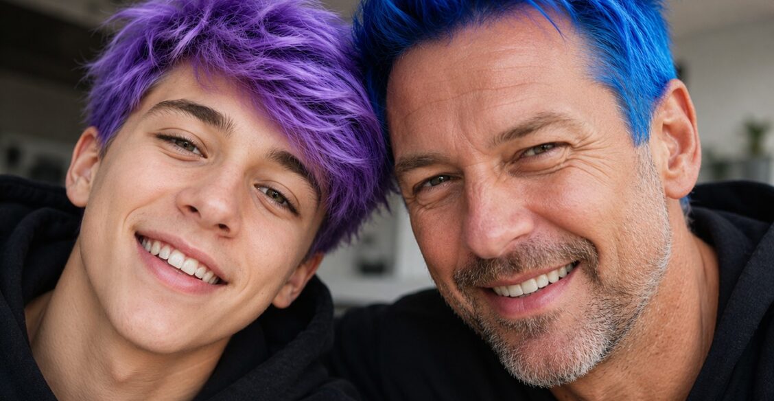 Подросток с отцом дурачатся вместе