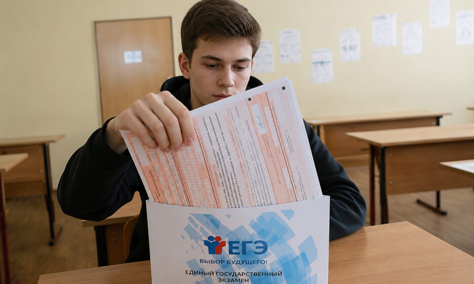 Юноша в аудитории достает бланк ЕГЭ