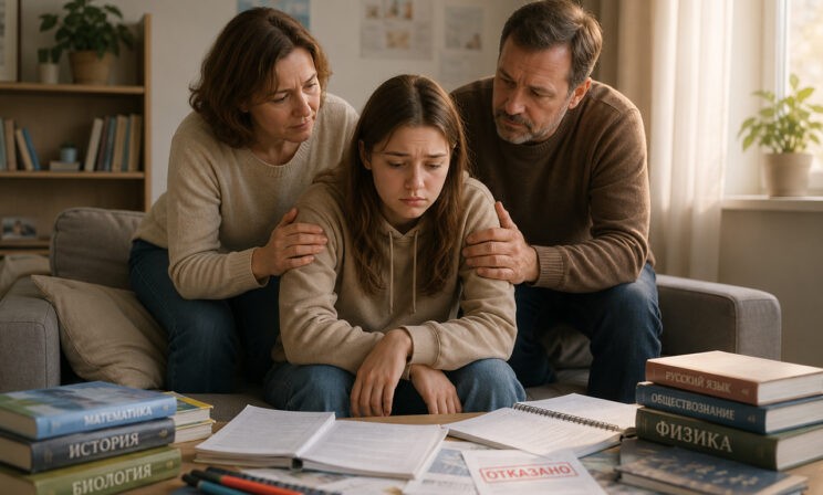 Родители утешают расстроенную дочь