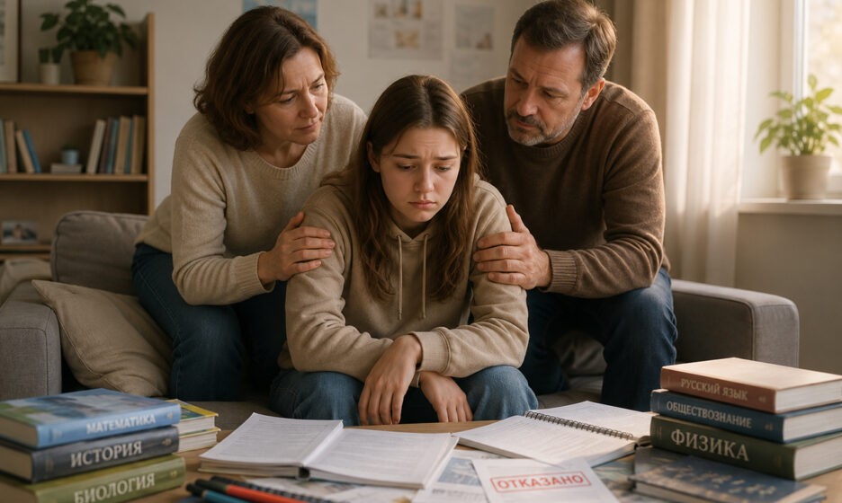 Родители утешают расстроенную дочь